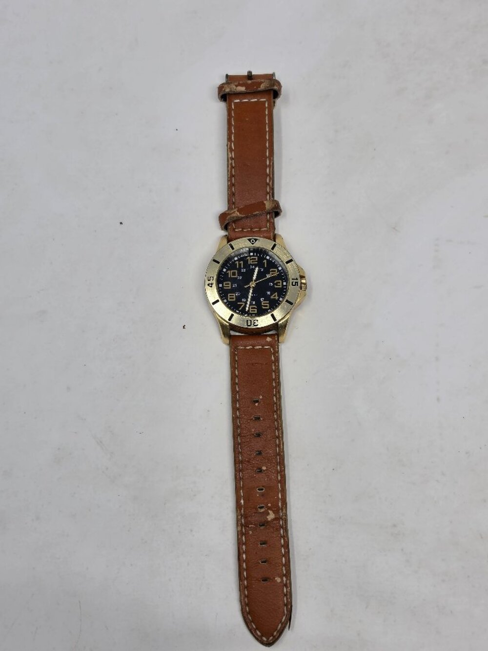 Japan 377 Quartz Wristwatch Black Dial Gold Bezel Brown Leather Strap